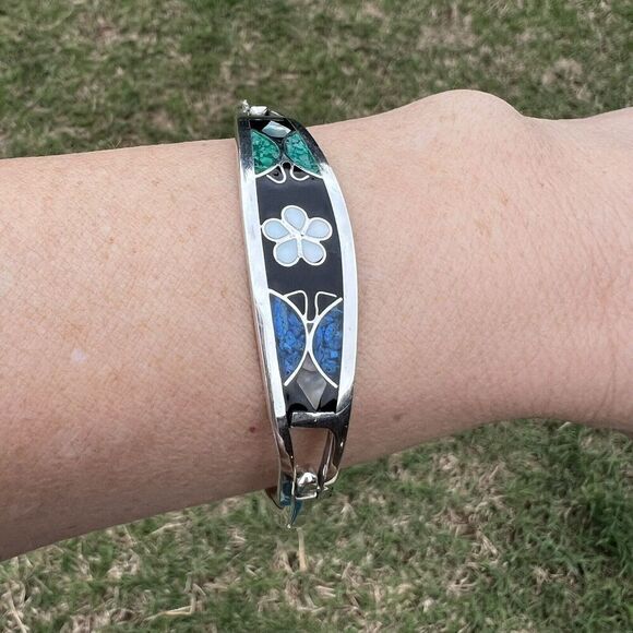 Vintage Alpaca Mexico Women's Bracelet Abalone Shell Floral Silver Tone Signed - Picture 15 of 16